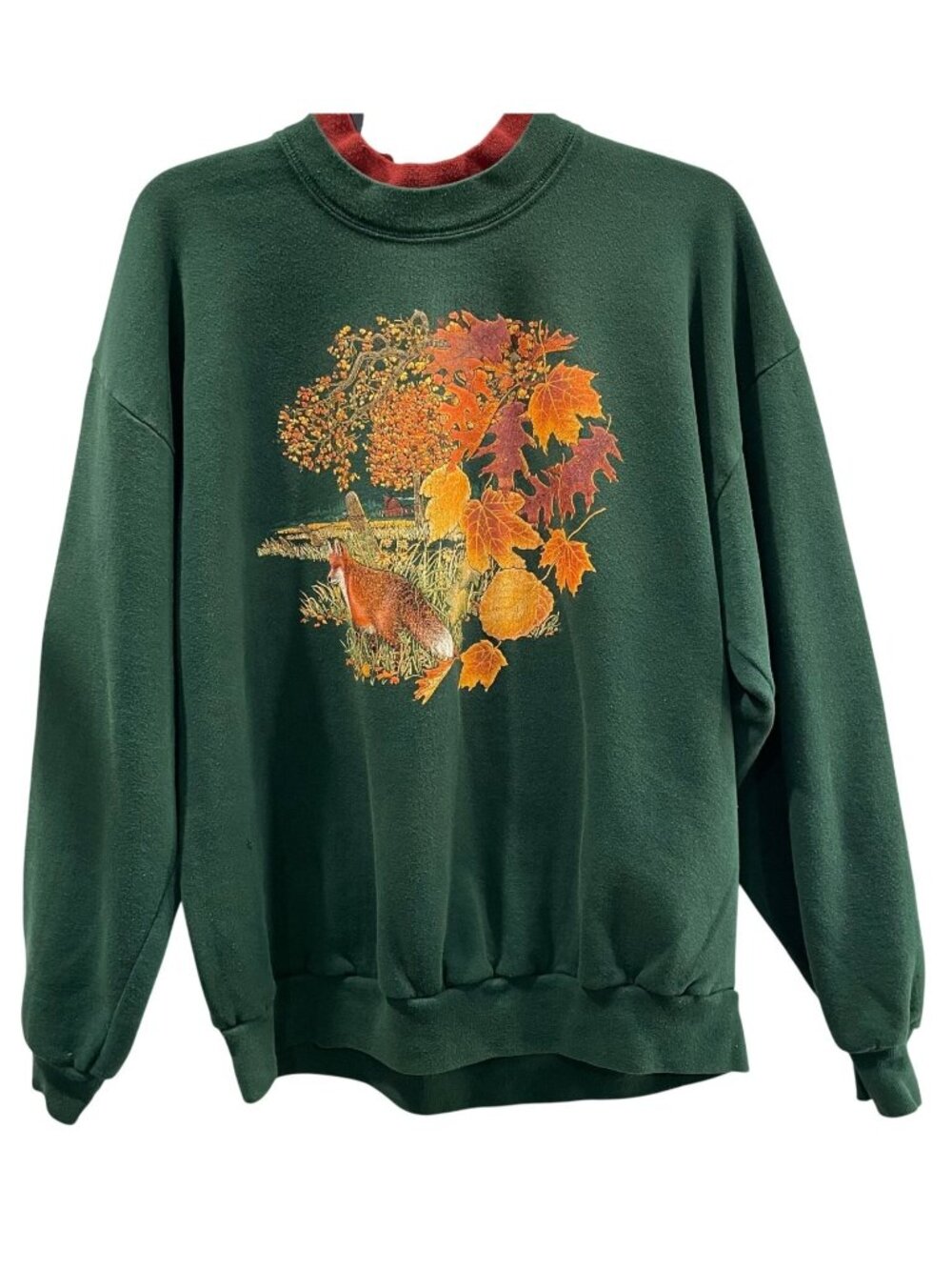 Vintage 90s Fox Fall Foliage Graphic Sweatshirt XL Green Oversized Casual Autumn